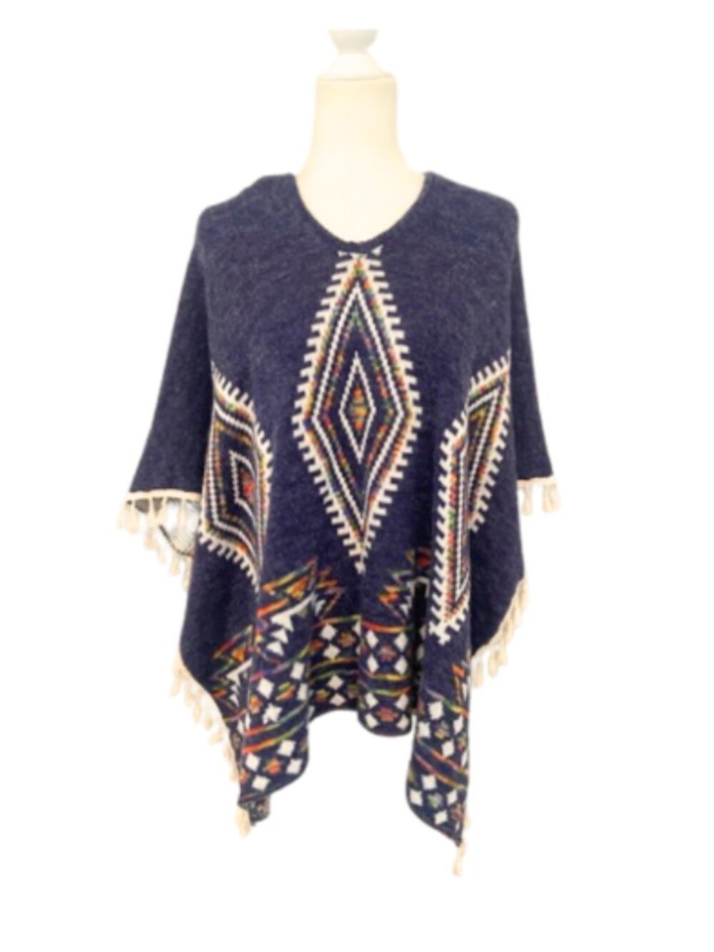 Original USA blue aztec southwest print fringe trim colorful knit poncho sweater